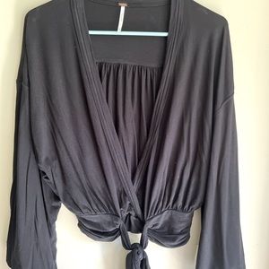 FREE PEOPLE Shirt, Small Slub Stretch Wide Sleeve low Sexy Black Boho Tie Front